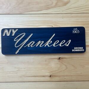 NY Yankees Navy Wooden Sign with carved script